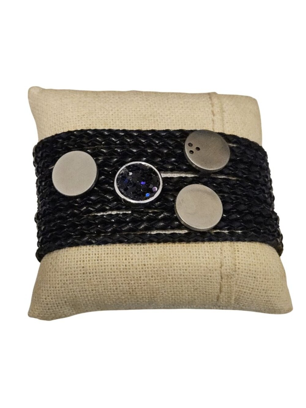 Victoria Emerson Black Braided Leather Silver Tone Disc 8.5" Wrap Bracelet